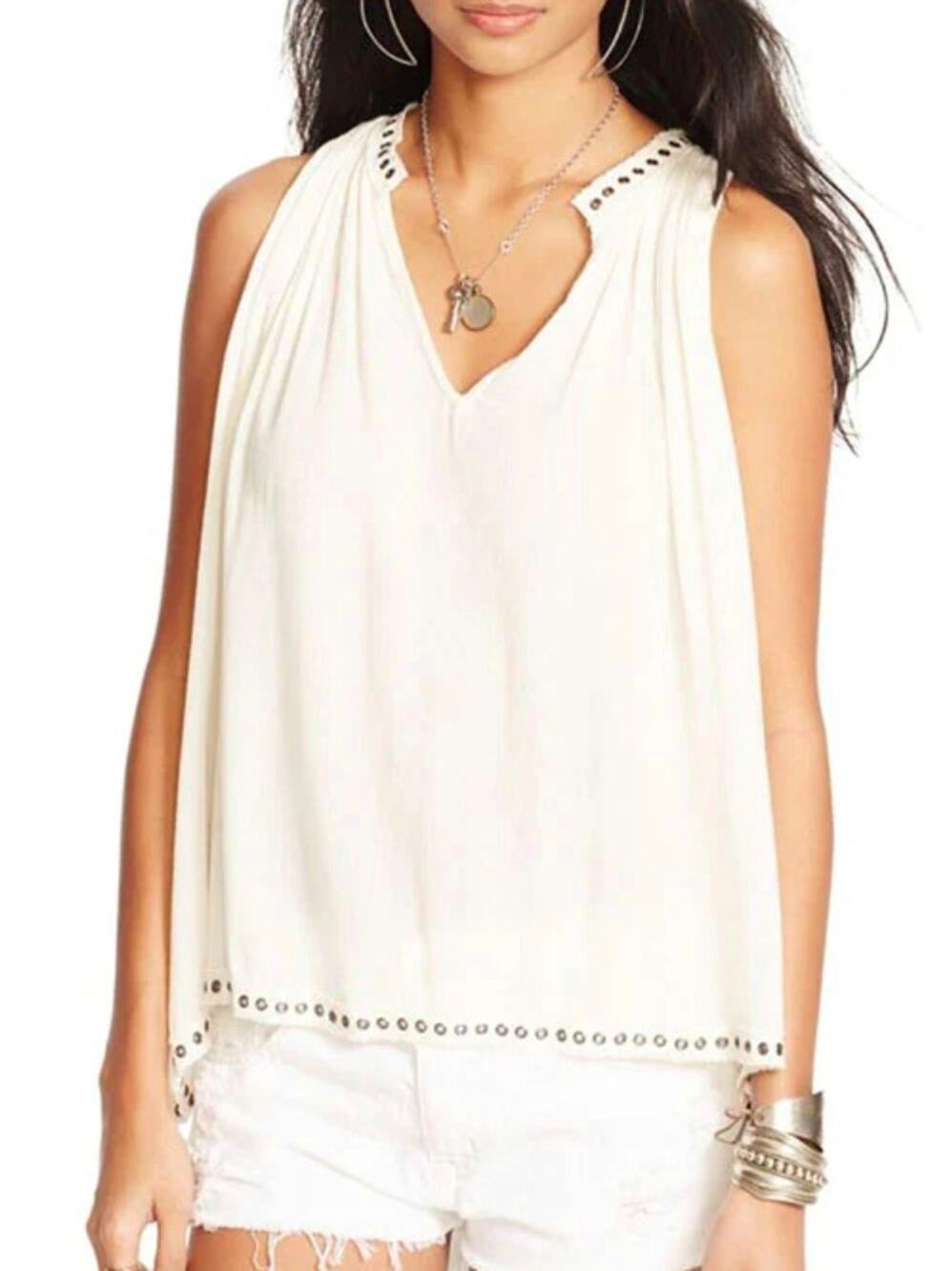 Denim & Supply Ralph Lauren Cream Sleeveless Stud-Trim V-Neck Blouse Medium
